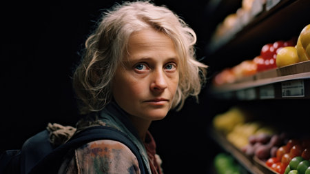 A woman with a backpack standing in front of fruit, AIの素材