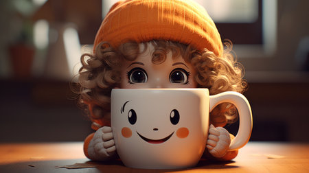 A doll with a smile on its face holding up a coffee cup, AIの素材