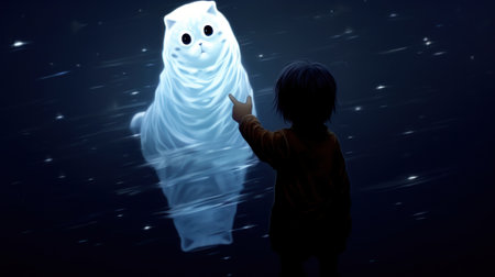 A child pointing at a glowing white cat in the dark, AIの素材