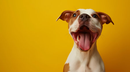 A dog with its mouth open and tongue out on a yellow background, AIの写真素材