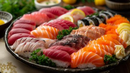 A plate of sushi with different types and colors on it, AIの写真素材