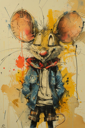 A painting of a mouse wearing clothes and standing on the ground, AIの写真素材