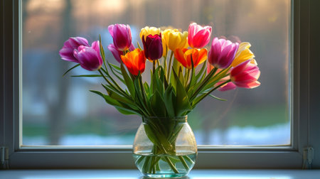 A vase of a glass filled with colorful flowers sitting on top of the window sill, AIの写真素材