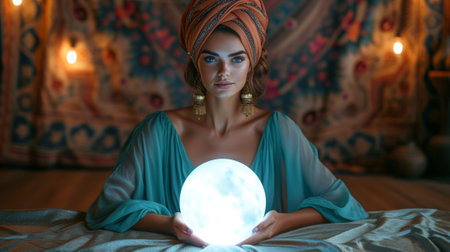 A woman in turban holding a glowing orb on her lap, AIの素材