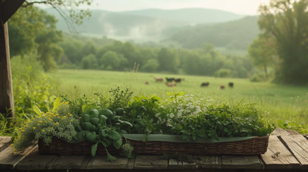 A wooden table with a basket of plants on it, AIの素材