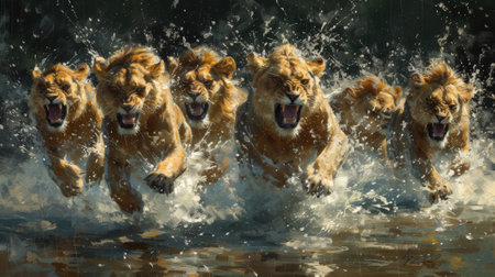 A group of lions running through a river in the middle of night, AIの素材
