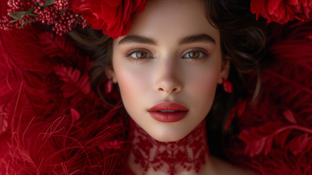 A woman with red feathers and flowers on her face, AIの素材