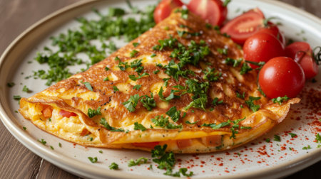 A plate of a omelet with tomatoes and parsley on it, AIの素材