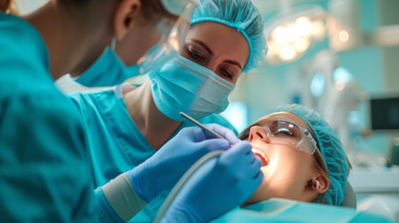 Two women in blue scrubs are working on a patient, AIの素材