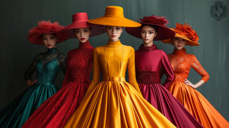 A group of women in colorful dresses and hats standing next to each other, AIの素材