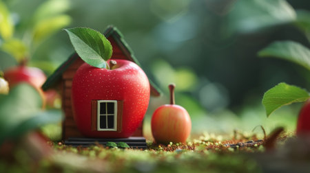 A miniature house made of red apples and green leaves, AIの素材