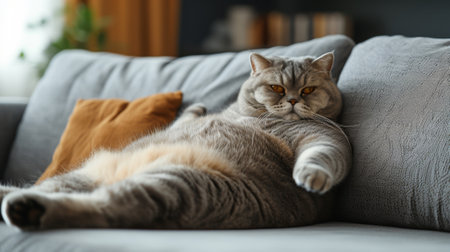 A fat cat laying on a couch with its paws up, AIの素材