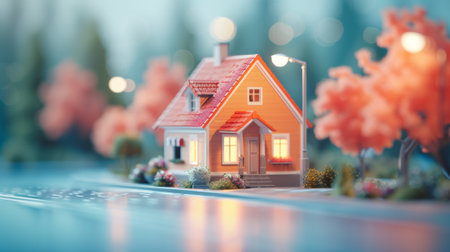 A miniature house with a light on top of it sitting next to some trees, AIの素材