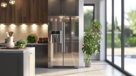 A modern kitchen with stainless steel refrigerator and a potted plant, AIの素材