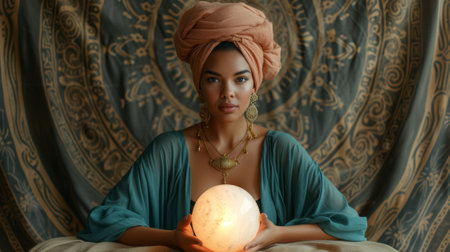 A woman in turban holding a ball of light on her lap, AIの素材