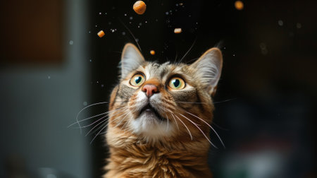 A cat looking up at something in the air with a bunch of food falling, AIの素材