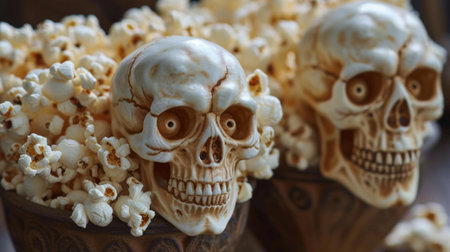 Two skulls are sitting in a bowl of popcorn, AIの素材