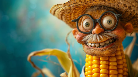 A close up of a scarecrow wearing glasses and holding corn, AIの素材