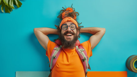 A man with a beard and orange shirt posing for the camera, AIの素材