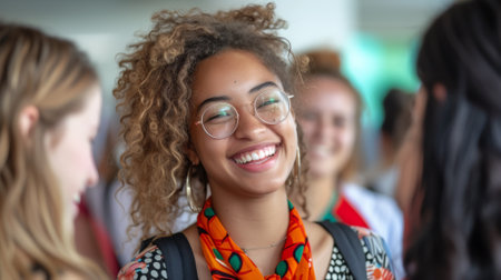 A woman with glasses and a scarf smiling at the camera, AIの素材