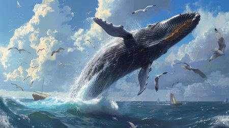 A large whale jumping out of the water with seagulls flying around it, AIの素材