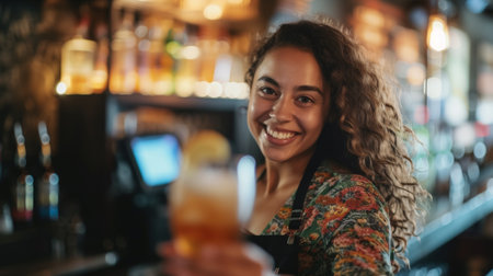 A woman holding a drink in front of her smiling, AIの素材