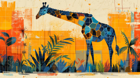 A painting of a giraffe standing in front of some plants, AIの素材