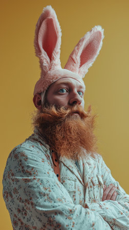 A man with a long beard and bunny ears posing for the camera, AIの素材