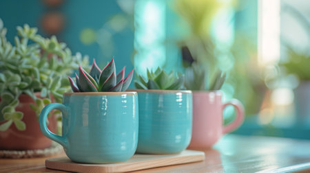 Three coffee cups with plants in them on a table, AIの素材