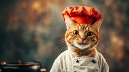 A cat wearing a chef hat and standing next to something, AIの素材