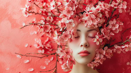 A woman with flowers in her hair and face, AIの素材