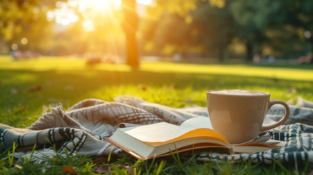 A cup of coffee and book on a blanket in the grass, AIの素材