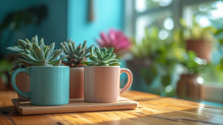 Three coffee mugs with plants in them on a table, AIの素材