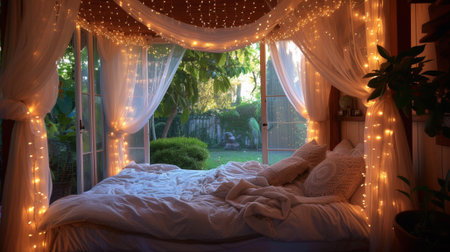 A bed with a canopy and lights hanging from the ceiling, AIの素材