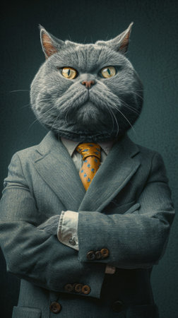 A gray cat wearing a suit and tie with arms crossed, AIの素材