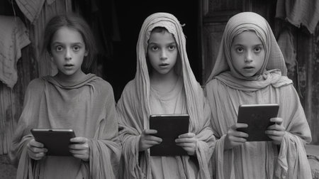 Three young girls in traditional clothing holding tablets and looking at them, AIの素材