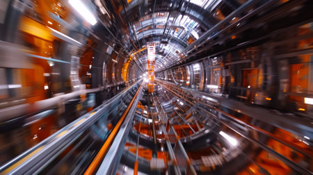A blurry picture of a tunnel with orange and blue lights, AIの素材