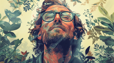 A man with glasses and beard surrounded by plants, AIの素材