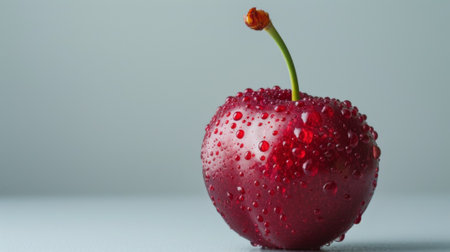 A red cherry with water droplets on it sitting in a glass, AIの素材