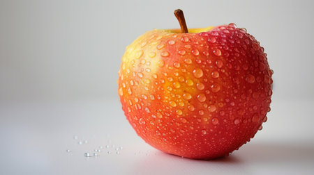 A red apple with water droplets on it sitting next to a drop of water, AIの素材