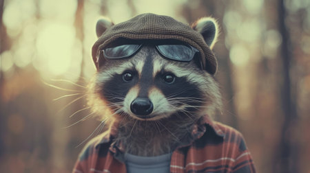 A raccoon wearing a hat and sunglasses with glasses on, AIの素材