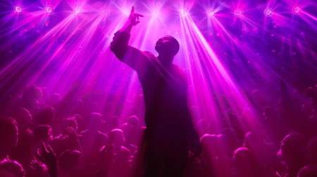 A man standing in front of a crowd with purple lights, AIの素材
