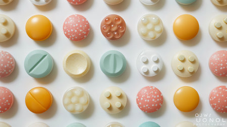 A bunch of different colored pills and capsules on a white background, AIの素材