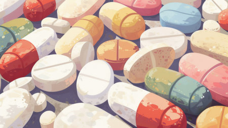 A large pile of colorful pills and tablets on a table, AIの素材