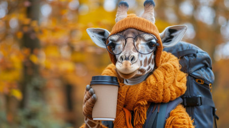 A giraffe wearing a hat and scarf holding coffee in its mouth, AIの素材