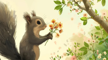 A squirrel holding a bouquet of flowers in its mouth, AIの素材