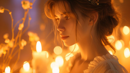A woman in a white dress with candles around her, AIの素材