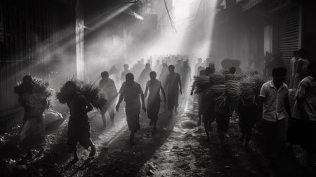 A group of people walking down a street with some carrying bundles, AIの素材