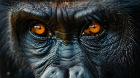 A close up of a gorillas face with orange eyes, AIの素材