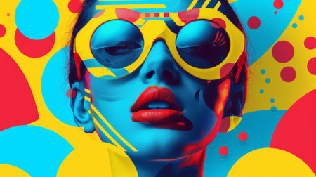 A woman with bright yellow sunglasses and colorful dots on her face, AIの素材